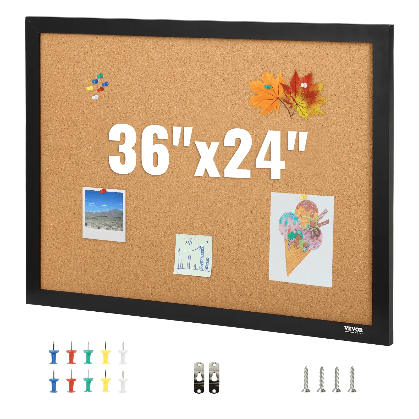 【DealsForYouDays】VEVOR Cork Board, 36x24 inches Bulletin Board with MDF Sticker Frame, Vision Board Includes 10 Pushpins, for Display and Decoration in Office Home and School