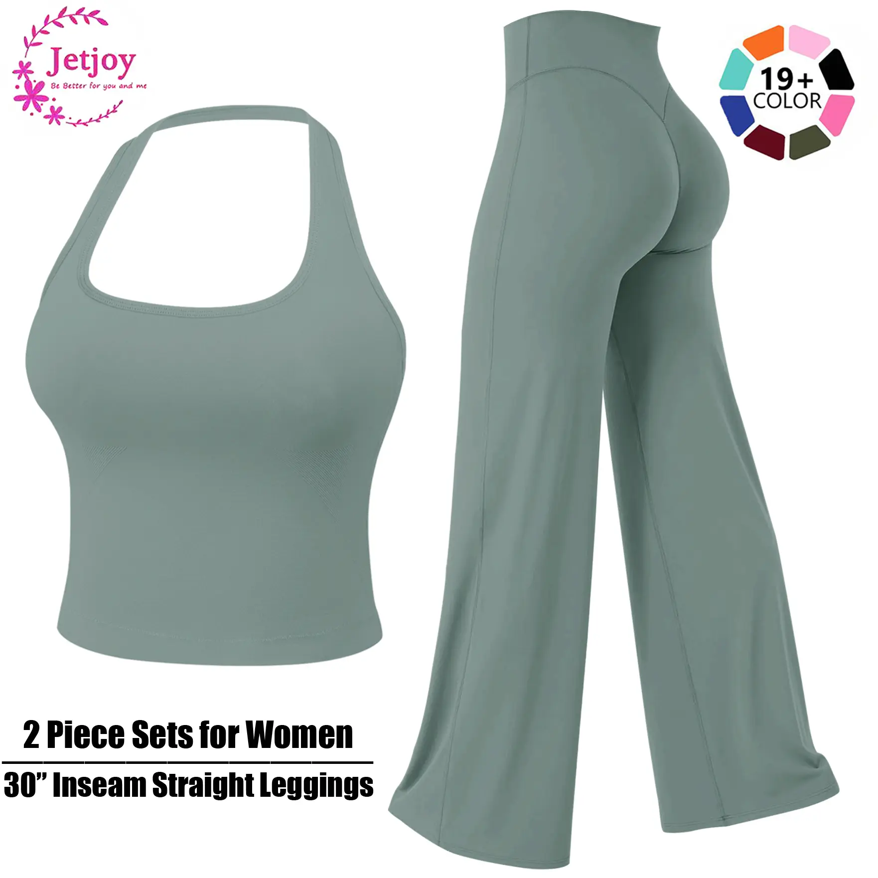 Jetjoy High Waist 30‘’ Inseam  Workout Leggings for Women 2 Piece Set, Loose Fit Straight Leggings & Basic Tank Top with Adjustable Straps, Ideal for Gym Yoga & Casual Wear, Soft Stretch Fabric, 30" Inseam Leggings,summerwins