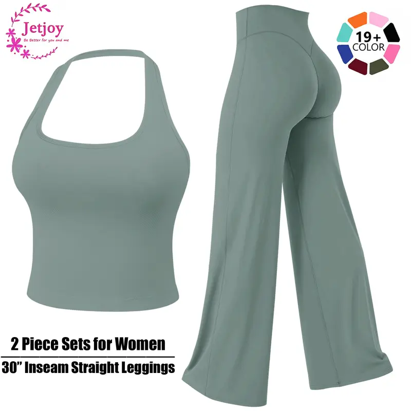 Jetjoy High Waist 30‘’ Inseam  Workout Leggings for Women 2 Piece Set, Loose Fit Straight Leggings & Basic Tank Top with Adjustable Straps, Ideal for Gym Yoga & Casual Wear, Soft Stretch Fabric, 30" Inseam Leggings