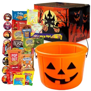 Pumpkin Bucket (44 Count) Filled with Candies, Snacks, Cookies and more, Treats for Family, Friends, Kids, Boys and Girls