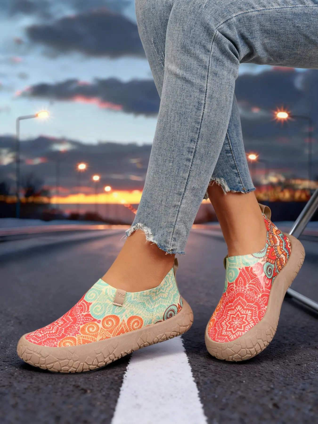 Women's Artistic Print Knit Slip-On Sneakers, Closed-Toe Shoes with Graffiti-Inspired Design for Trendy Casual Outfits