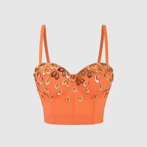 Tank Tops Short Orange Hand-Stitched Beading Sequins Corset Summer Spring Rave Outfits Woman Bra Blusas Clothing Sling Hot Wedding Party Blind Date Stage Party Shaper Ladies Crop Shirt Tube Top Vest Sexy Inner Clothes