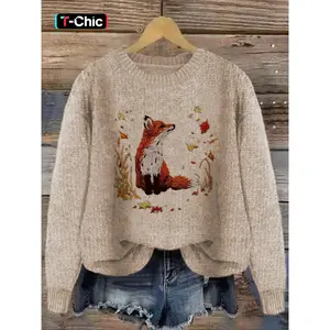 Women's Fox & Leaf Print Drop Shoulder Sweater Pullover, Casual Long Sleeve Round Neck Jumper for Fall & Winter, Fashion Ladies' Knitwear for Daily Wear, Tops, Womenswear