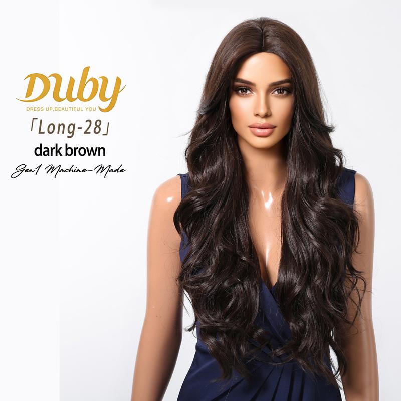 Duby Long-28 Dark Brown Cool Tone Synthetic Full Machine Wig for Women, Middle Part, Wavy Wave Pattern, Long Length, Natural Look Scalp, Glueless, Heat-Friendly, Daily Wear