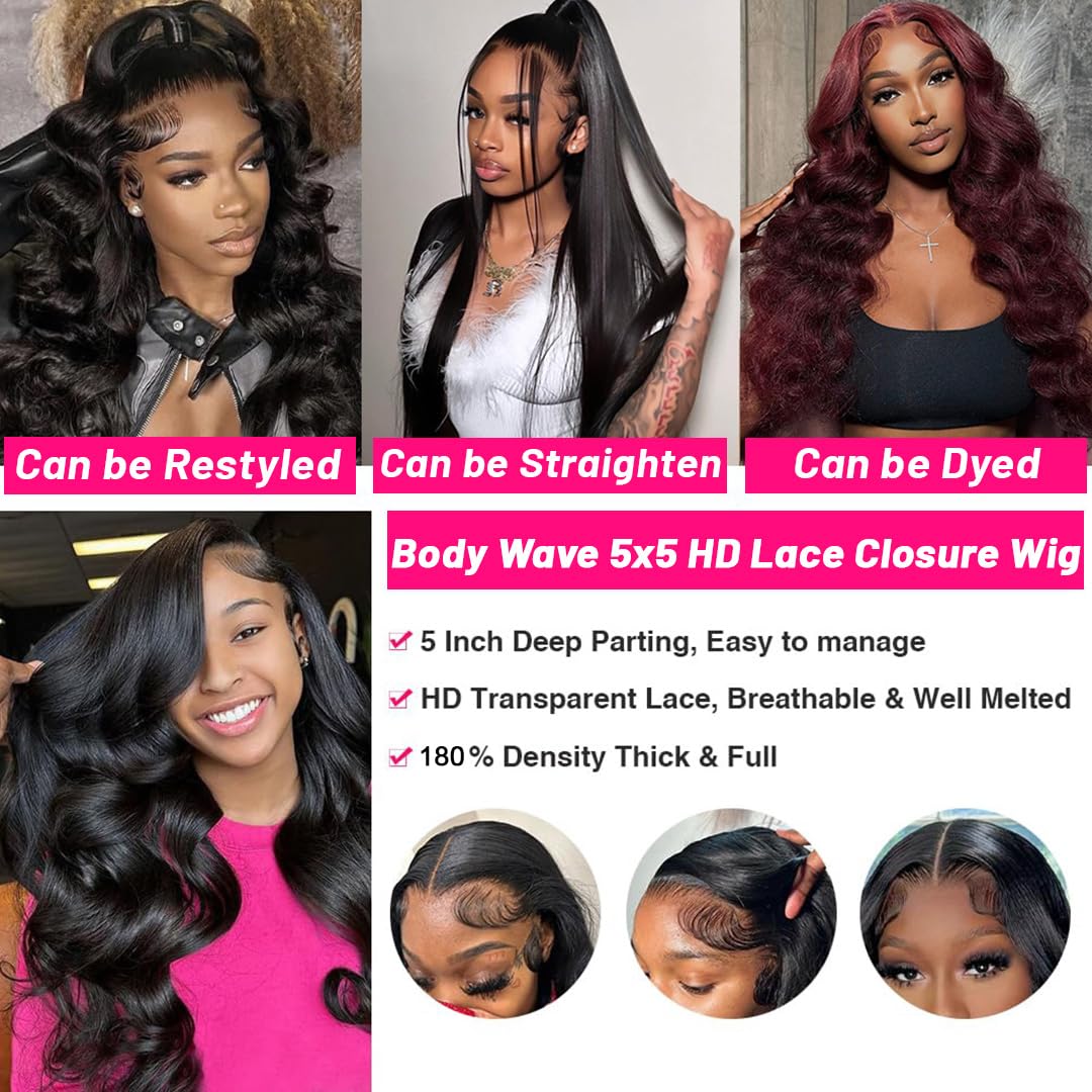 SheReigns Hair Ready To Wear Lace Closure Wig Body Wave Glueless Wig Human Hair 5x5 Pre Cut Lace Closure Wigs For Women 180 Density Brazilian Real Human Hair 13x4 Drawstring Glueless Lace Front Wig