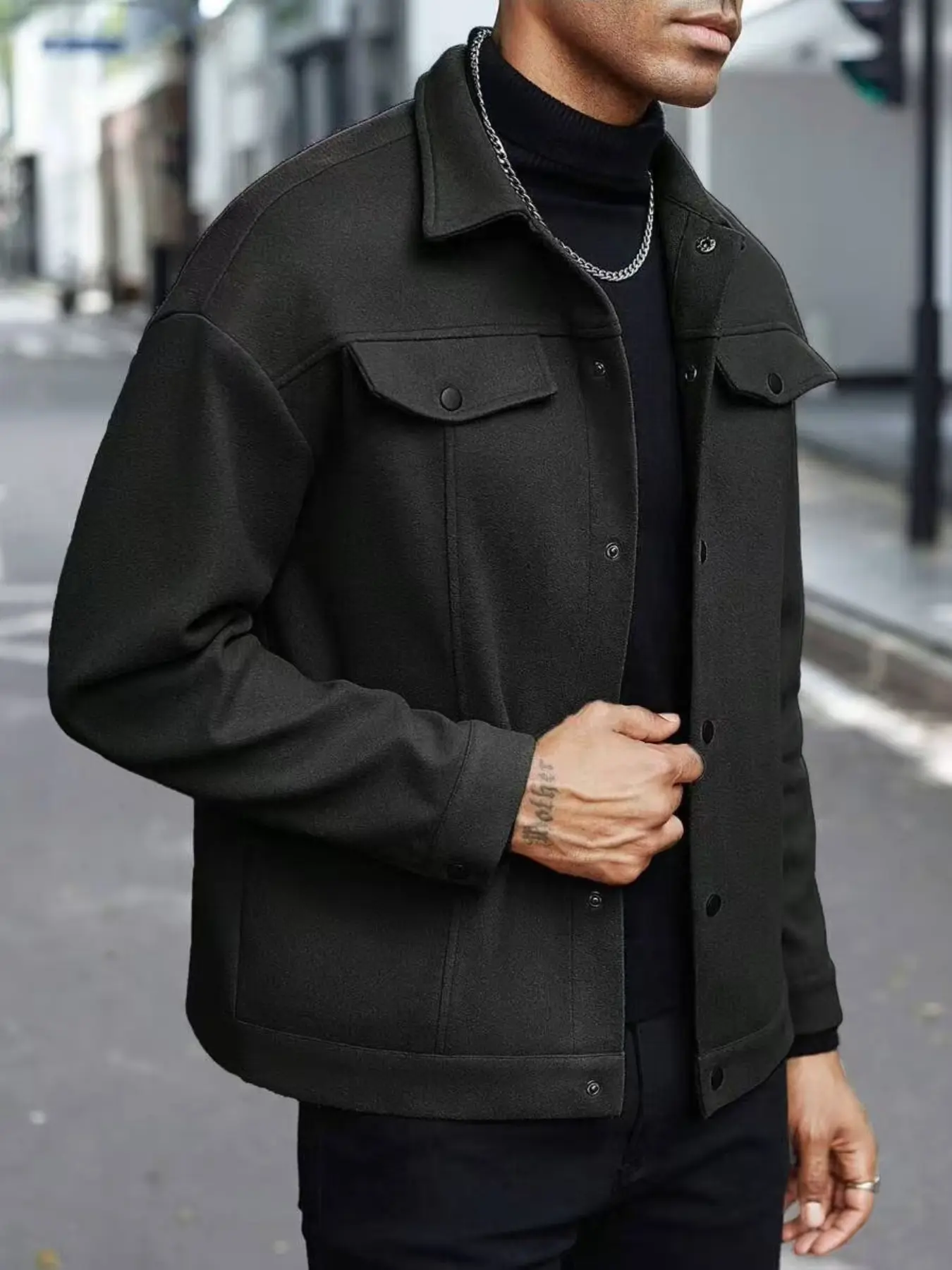 Men's solid-color lapel woolen multi-pocket basic jacket, regular style casual sports long-sleeved business jacket, suitable for autumn and winter wear, Fall outfits :Men's daily wear and clothing, Coats