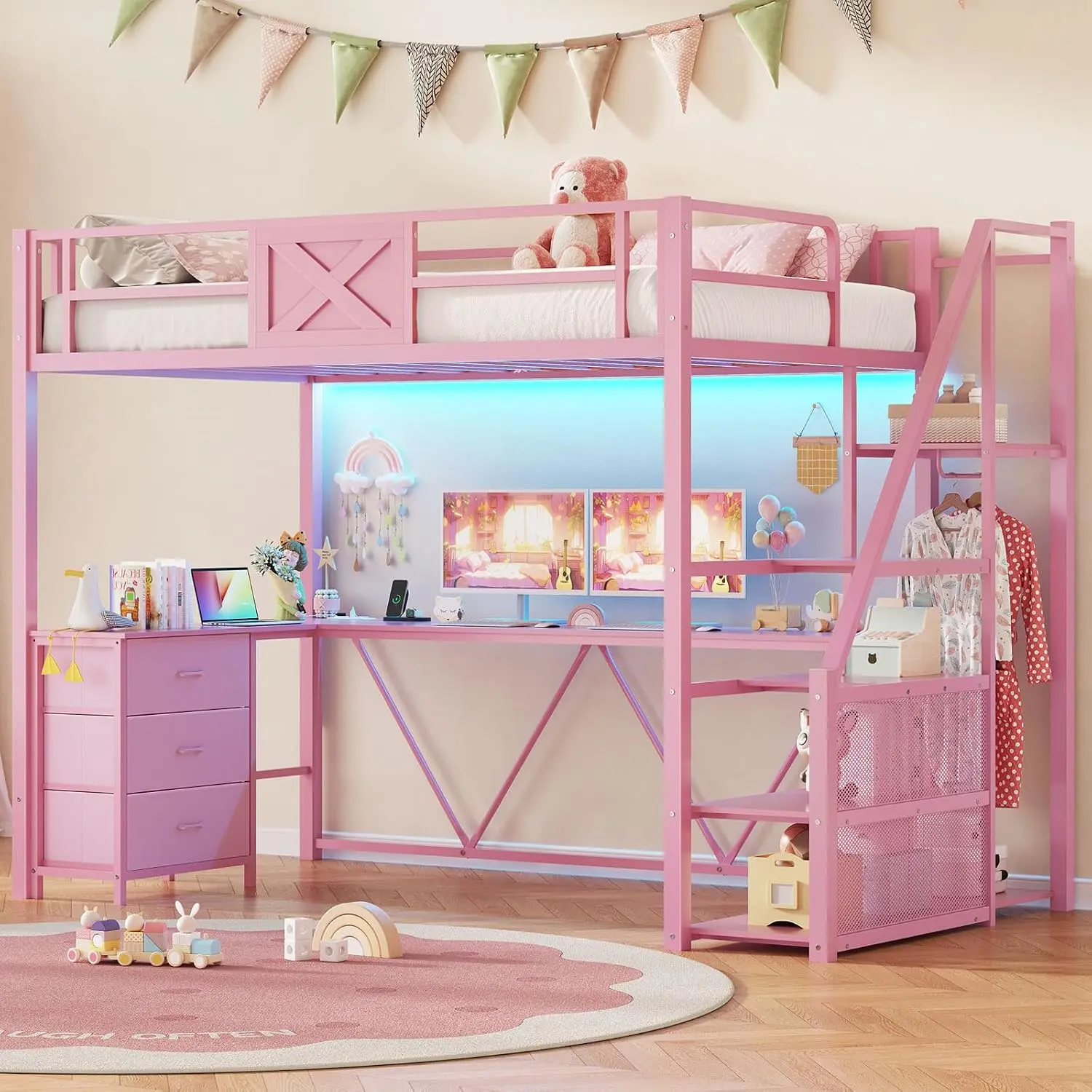 Sikaic Twin/Full Size Loft Bed with L Shaped Desk and Wardrobe, Metal Loft Bed Frame with Stairs, 3 Fabric Drawers, LED Lights & Charging Sation, No Noise & No Box Spring Needed [tiktokshopbacktoschool]