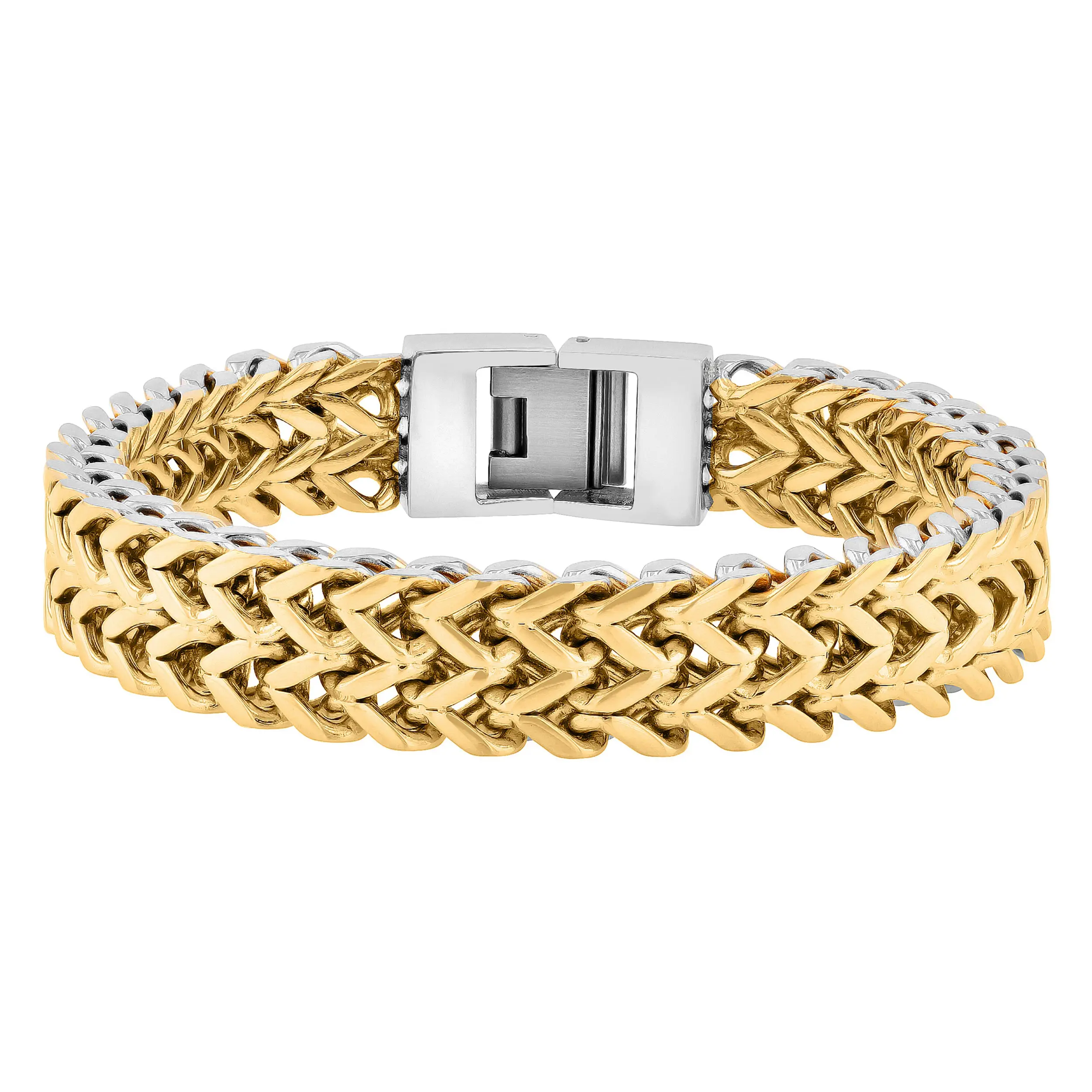 Men's Tungsten Double Franco Link Bracelet - Gold with Silver Accents, Bold Woven Double-Link Design, Solid Weight, Flexible Wrist Fit, Tight Structured Surface, Durable Casual Everyday Chain Jewelry Bracelets & Bangles, Casual Wear, Woven Look