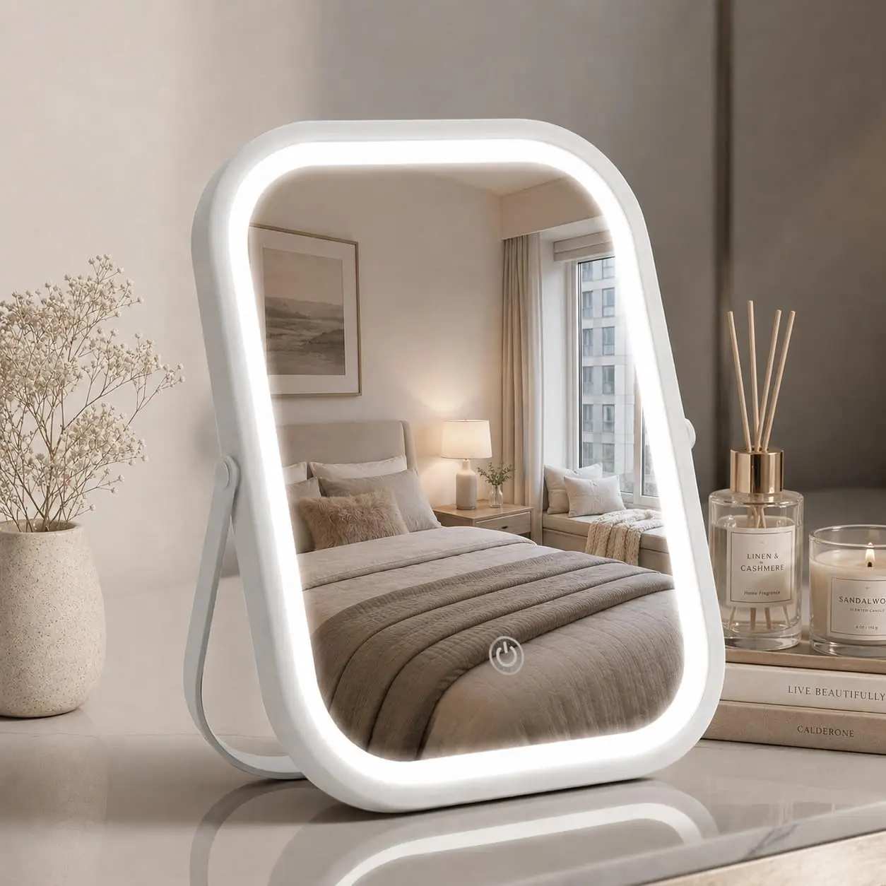 Rechargeable Travel Makeup Mirror, 8"×6" Small Vanity Mirror with Lights, 1500mAH Battery, 3-Color Lighting, Dimmable, 360° Rotation, Portable Desk Mirror with Storage Pouch, Travel Essentials (White)