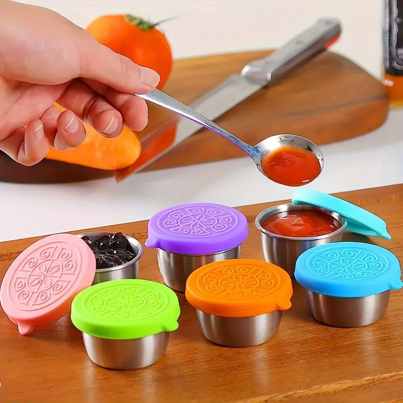 Stainless Steel Sauce Cup with Silicone Lid, Reusable Sauce Containers with Leakproof Silicone Lids, Snack Condiment Containers, Condiment Serving Container, Food Storage Containers, Kitchen Supplies, Dinnerware for Picnic Travel