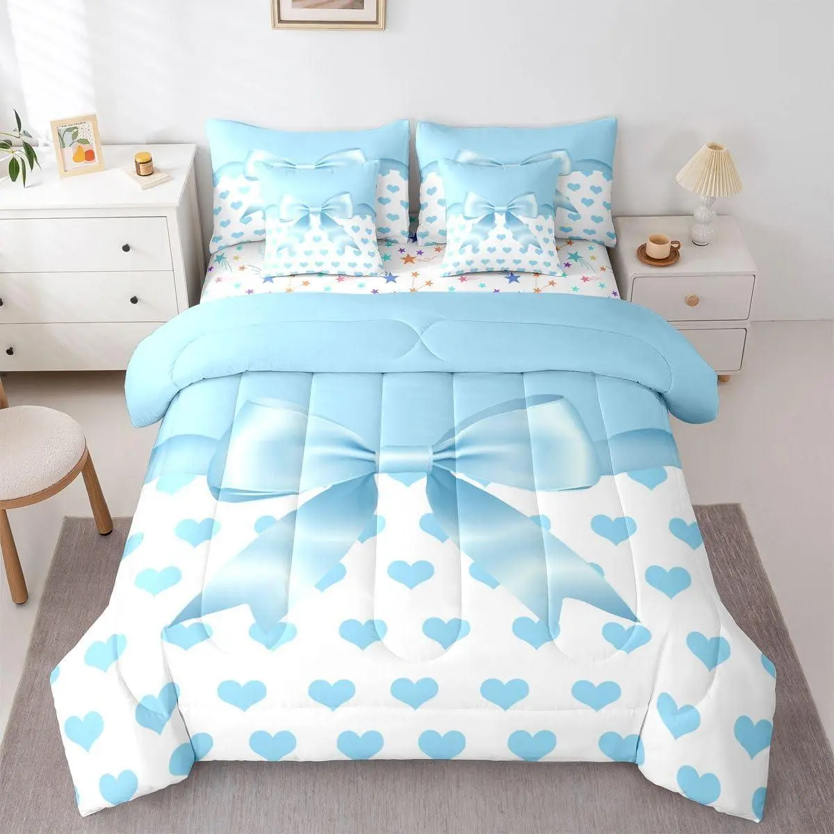 Blue Bowknot 7 Piece Bedding Set Cute Love Heart Comforter Set with Sheets for Kids Boys Girls Princess Style Bed in a Bag Blue White Bed Set Soft Lightweight