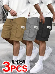 Men’s summer cargo shorts, 3-pack, with a drawstring waist, letter patches, flap pockets—ideal for outdoor activities