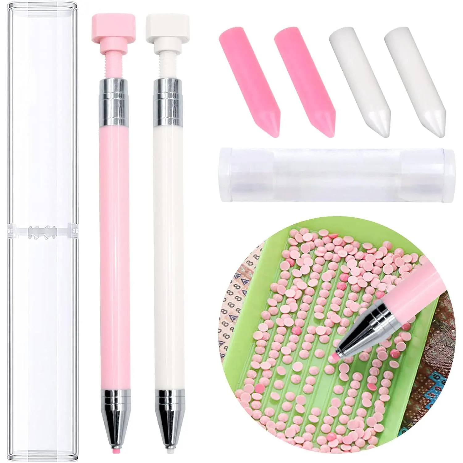 Durable Diamond Art Painting Pen with Wax Glue, 2pcs Refillable Wax Pen with 4pcs Wax Glue, Rotating Glue Point Drill Pen for Nail Art Rhinestone, Diamond Art Painting Tool, Crafts Tools, Handicraft Supplies, Diy Craft Supplies, Diamond Painting Kit