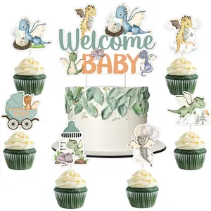 1Set Dragon Baby Shower Decorations 25PCS Welcome Baby Cake Topper Dragon Cupcake Toppers for Dragon Party Supplies