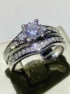 2 Pcs/Set Charm Cubic Zirconia Ring Set For Women Beautiful Rings For Wedding Engagement Rings Anniversary Party Band Jewelry Valentine's Day Gift