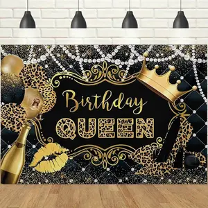 1pc 2D Birthday Queen Leopard Print Theme Banner, Black Gold Luxury Crown Champagne Backdrop, Party Decoration Tapestry, Photo Booth Background Cloth for Birthday Party Celebration