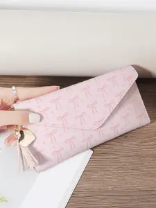 Women's Bow & Heart Pattern Long Wallet, Zipper Wallet Design, Casual Trendy, Casual Multi-functional Wallet with Tassel Decoration, Elegant Folding Card Slot & Zipper Pocket for Women, Zipper Leather Wallet