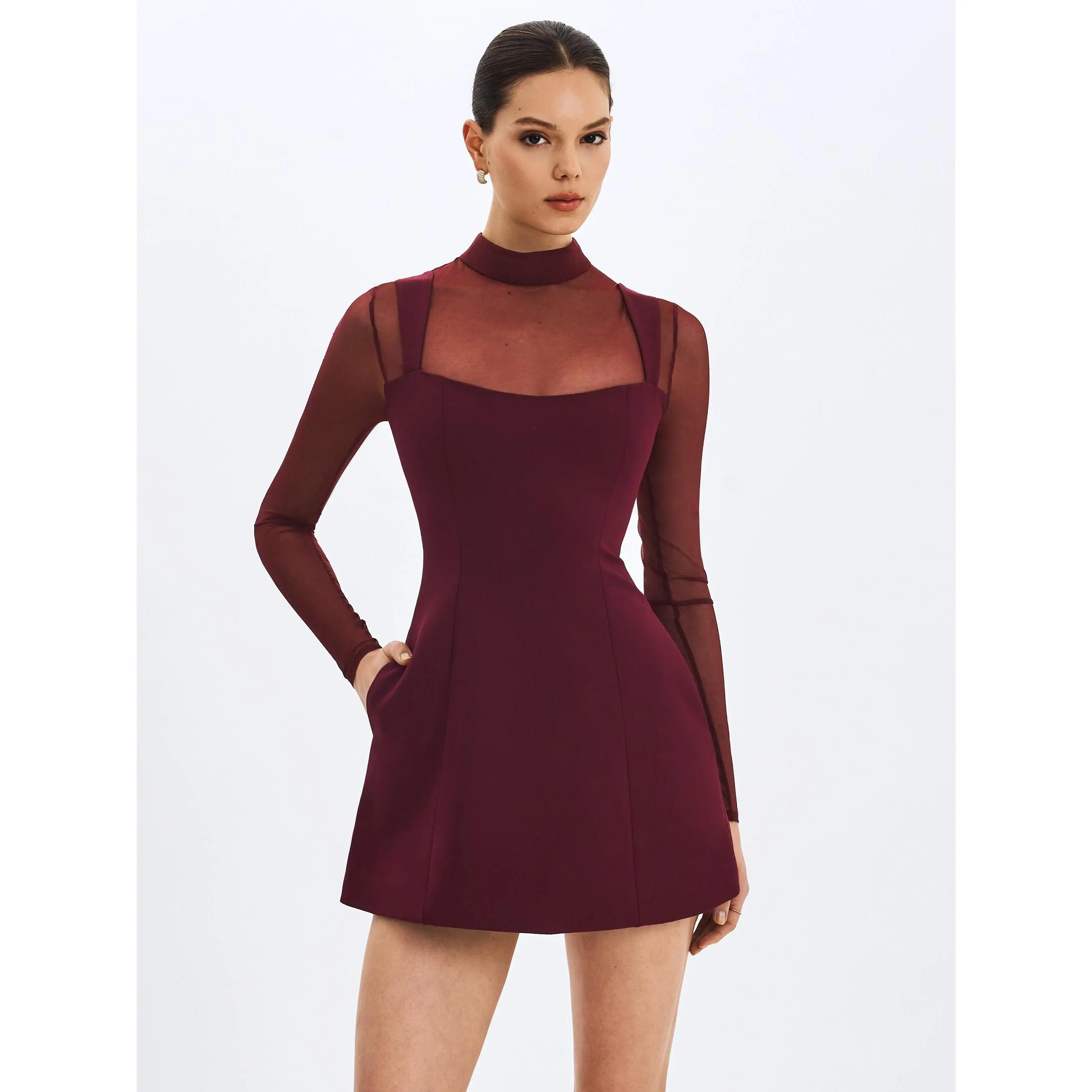 Natasha Burgundy Faux Two-Piece Turtleneck Mini Dress