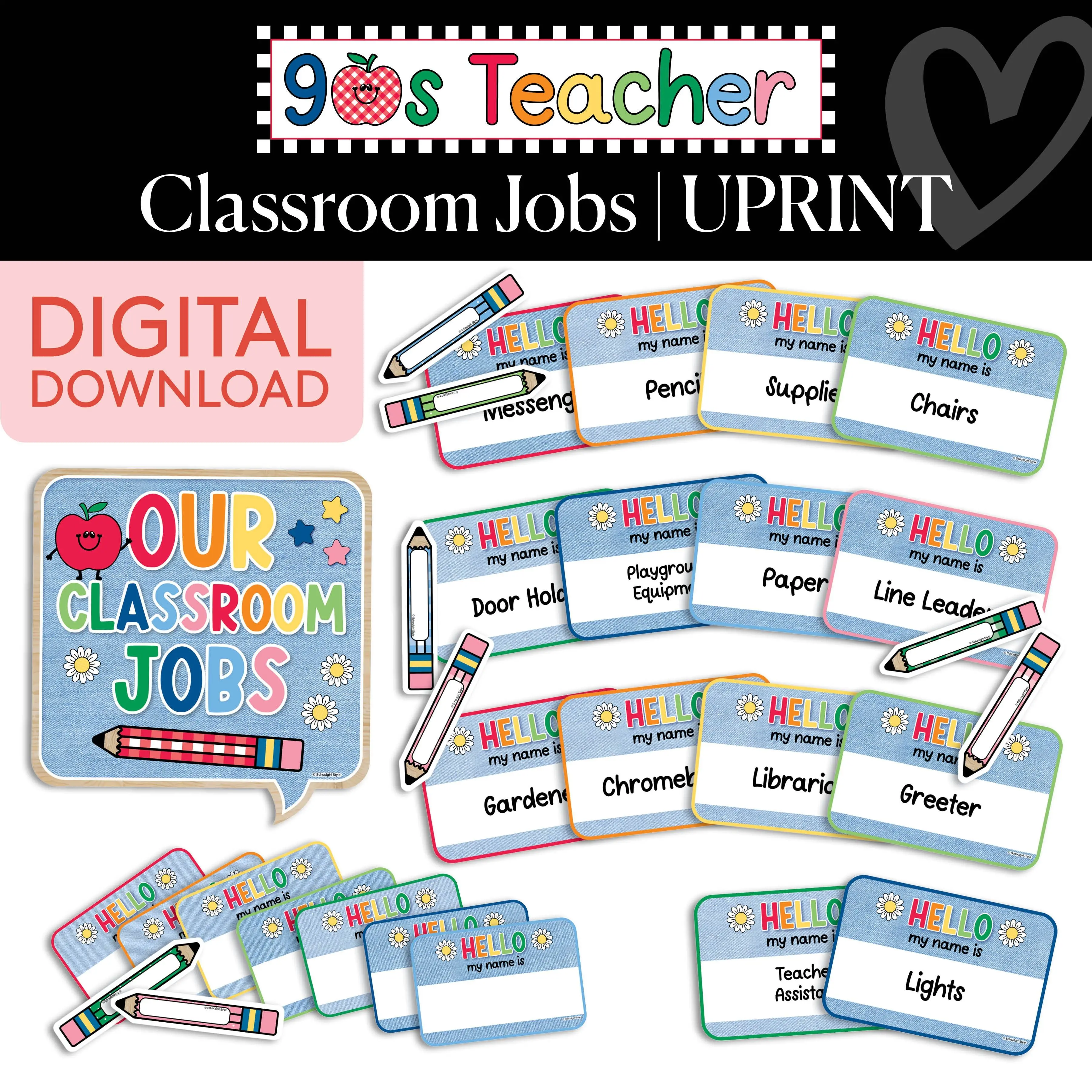 Printable Retro Editable Classroom Jobs Bulletin Board Set | 90s Teacher