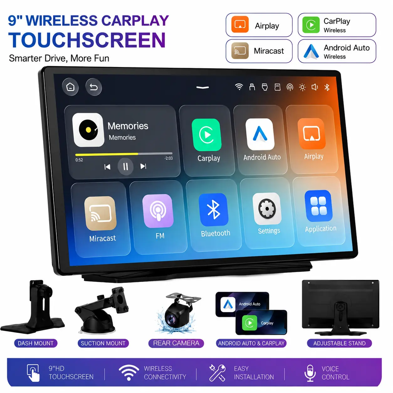 【YMQ】2026 Upgraded Wireless CarPlay Srceen: 9-inch IPS touchscreen and supports CarPlay, Android Auto, and Mirror Link(Simulcasting to TikTok and YouTube)/rearview camera/navigation functionality/and a voice assistant/user tutorial.