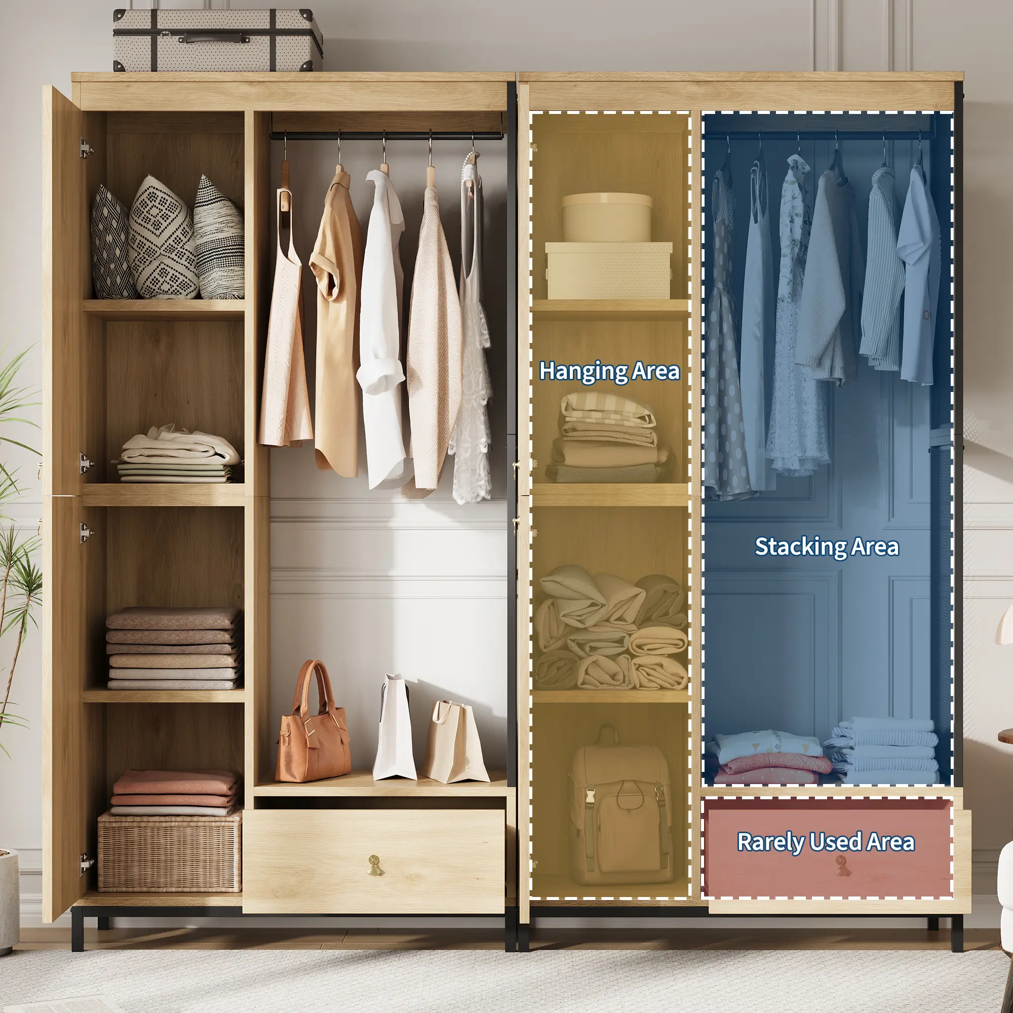 Modern Armoire Wardrobe Closet - Sliding Door, Minimalist Decluttering Indoor Furniture, Spacious Customizable Storage with Adjustable Shelves, Simple Elegant Design, Durable Structure