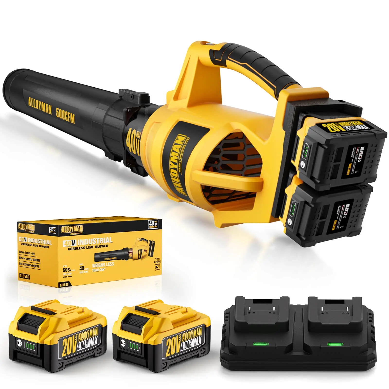 ALLOYMAN 40V Max Cordless Leaf Blower,500CFM Dual Battery Driven Blower with 2 * 4.0Ah Batteries & Fast Charger,2 Variable Speed Lightweight Battery P