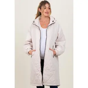 Beige Quilted Long Maternity Puffer Jacket