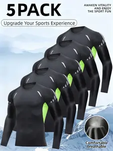 New Summer Men's Athletic T-Shirt 5-Piece Set — High-Stretch, Slim-Fit, Long-Sleeve Tops. Men's Gym Wear featuring Quick-Drying, Moisture-Wicking, and Breathable Fabric with a Stylish Striped Design.