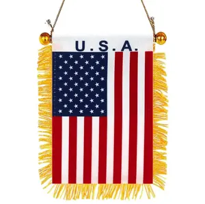2 Pack-American Fringy Window Hanging Flag - Small Mini US USA Flag Banner for Car Rearview Mirror Décor - Fringed -America Hanging Flag with Suction Cup & Fringy-4x6 ''