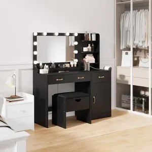Garvee Vanity Desk Makeup Table with Mirror and 11 LED Lights, Power Outlet, 3 Drawers, and Storage Shelves in Black - Modern Standalone Dressing Table for Bedroom