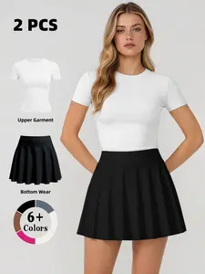 Women's High Waist Quick-Dry Seamless Knit Set, Stretchable Activewear, Sporty T-Shirt & Tennis Skirt for Gym & Outdoor Activities, Spring Summer New Arrival