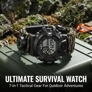 7-in-1 Tactical Survival Watch for Men, Digital Outdoor Watch with Paracord Strap, Compass, Fire Starter, Whistle, Thermometer and LED Light for Camping Hiking Gear