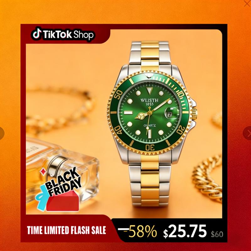 Men's Pro Diver Quartz Watch with Stainless Steel Strap - green Dial & Gold Accents - Durable & Stylish Timepiece