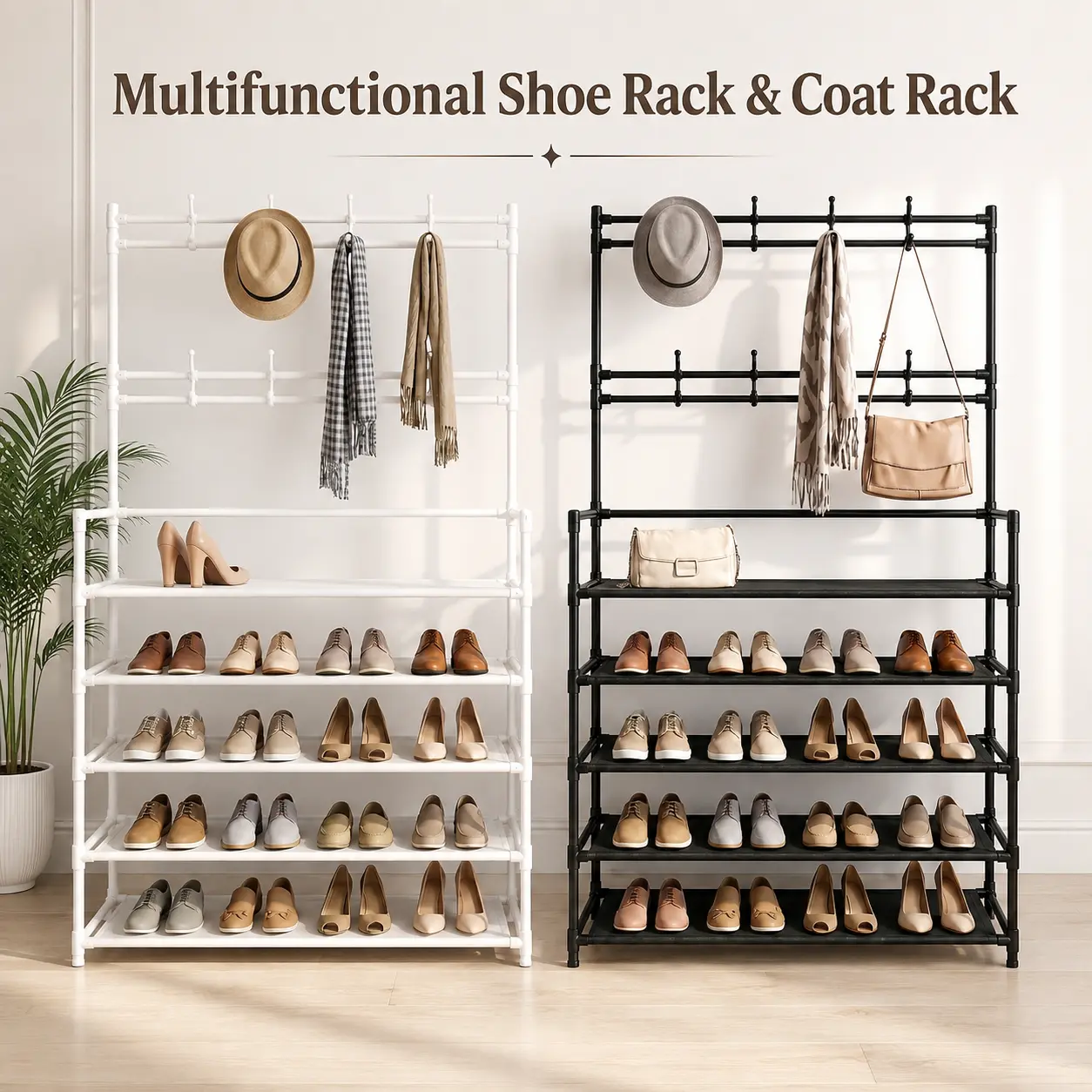 5-tier shoe rack and coat rack combo, freestanding multifunctional entryway organizer with fabric shoe shelves and hanging hooks for clothes, hats, and bags, large-capacity space-saving storage rack for bedroom, closet, and apartment