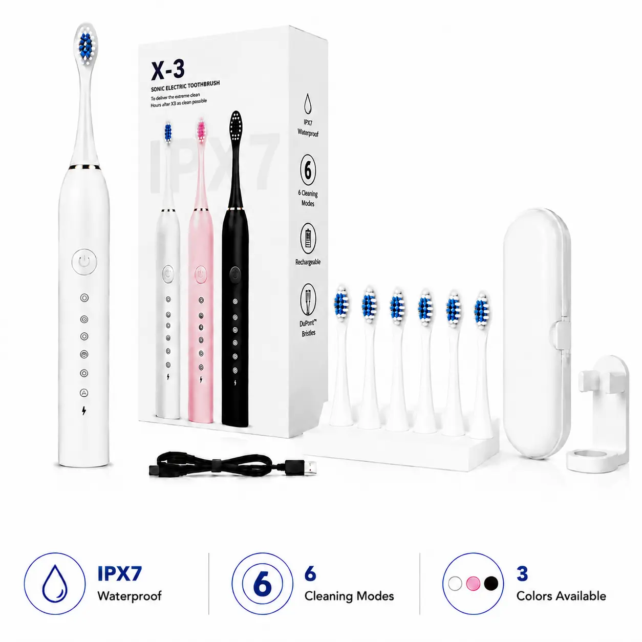 Sonic Electric Toothbrush with Travel Case, 6 Cleaning Modes Rechargeable Toothbrush, IPX7 Waterproof, 6 Brush Heads & Stand Included, Halloween Christmas Gift for Men Women