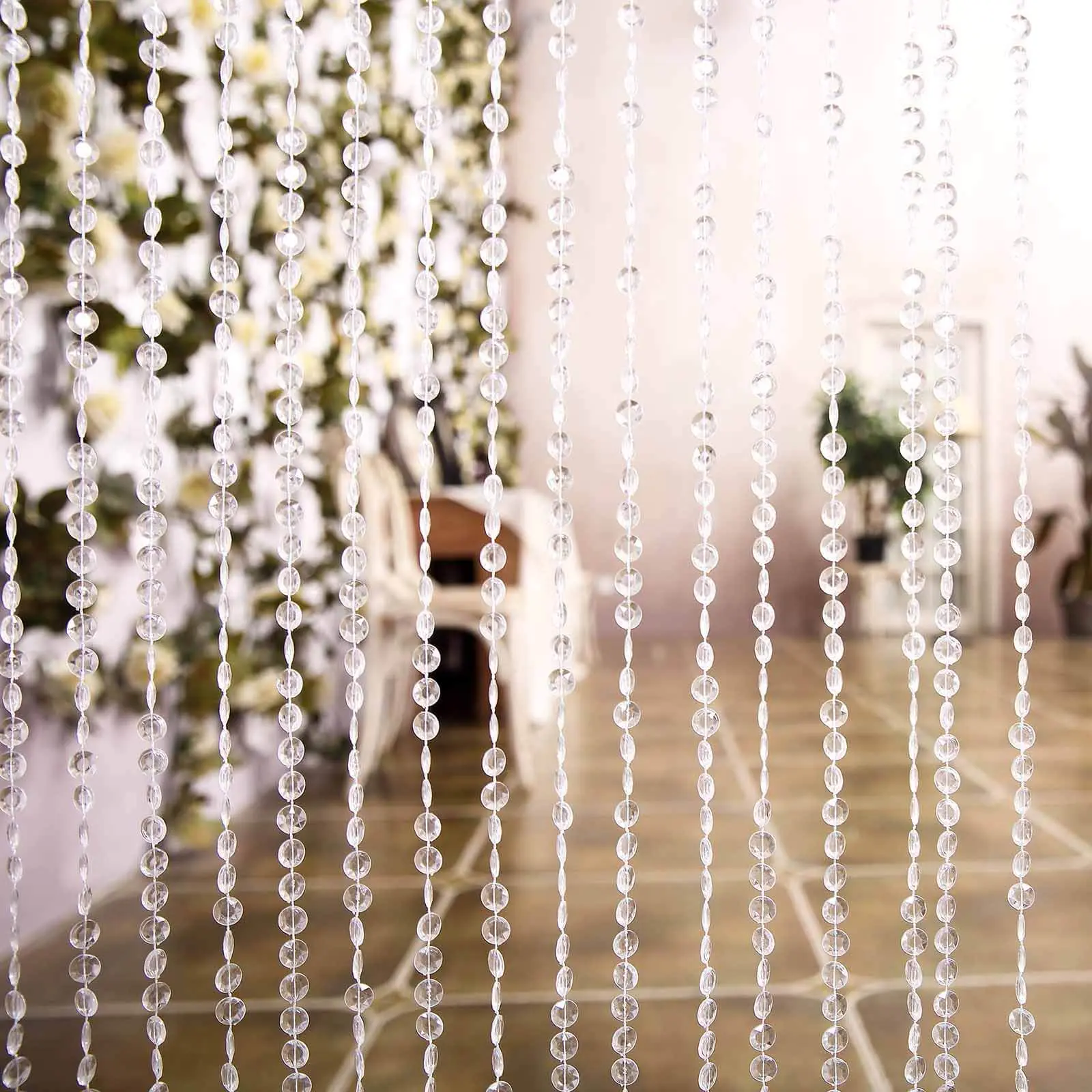 Crystal Diamond-Look Acrylic Bead Curtain, 8ft, with Plastic Rod and Adjustable Hooks for Event Decor, Curtain Beads, Bead Curtains