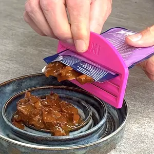 Cat Food Extruder | Heavy Duty Plastic Pet Food Dispenser with Non-Slip Base, Easy Open Cover, No Assembly Required, Compact Design, Durable Plastic, Random Color, Battery Free