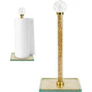 Paper Towel Holder Stand, Countertop Paper Towel Roll Dispenser Holders with Cube Base, Tissue Countertop Filled with Sparkly Crystal Crushed Diamond House Decor for Kitchen Bathroom (Gold1)