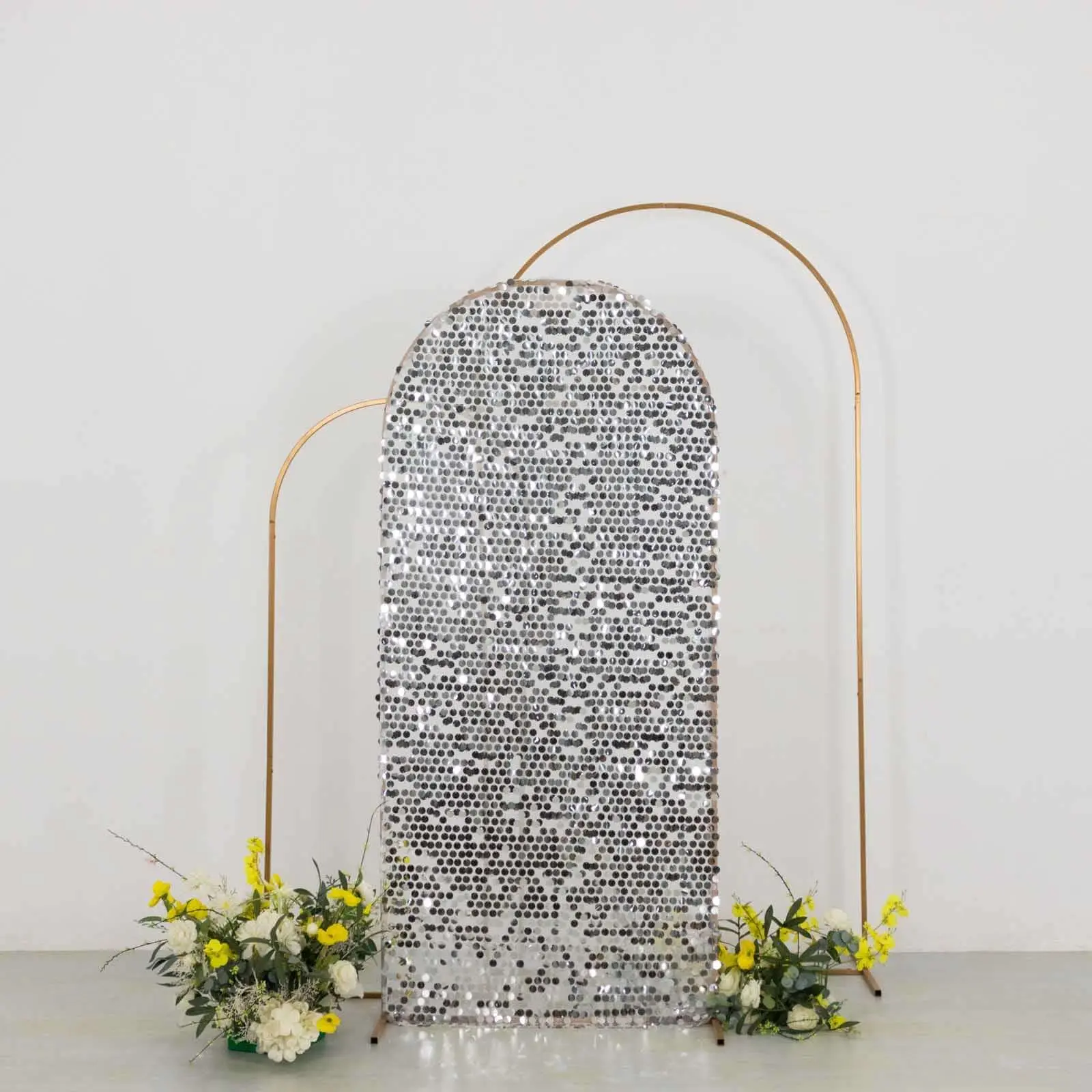 1-Piece Arch Shape Sequins Backdrop Decoration - 6ft Tall Round Top Hangable Luminous Sparkly Silver Big Payette Sequin Fitted Chiara Backdrop Stand Cover, Full Length for Wedding Ceremony, Baby Shower