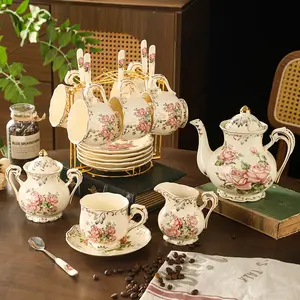 Vintage Floral Porcelain Tea Cup & Saucer Set, 8oz Rose Design, Elegant Coffee Cups with Metal Stand, Perfect Gift Idea, Drinkware, Teacup