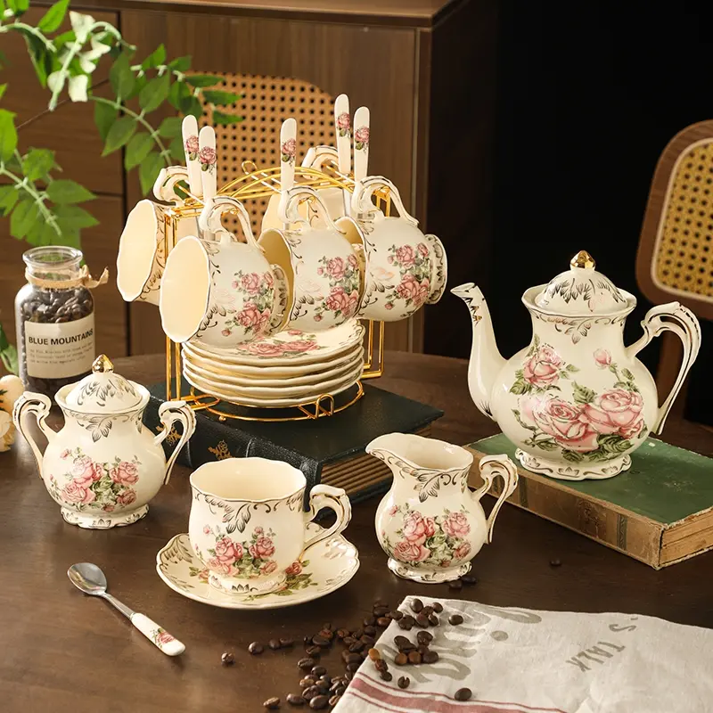 Vintage Floral Porcelain Tea Cup & Saucer Set, Tea Cups and Saucers, 8oz Rose Design, Elegant Coffee Cups with Metal Stand, Perfect Gift Idea, Drinkware, Teacup, Ceramic Tea Cup