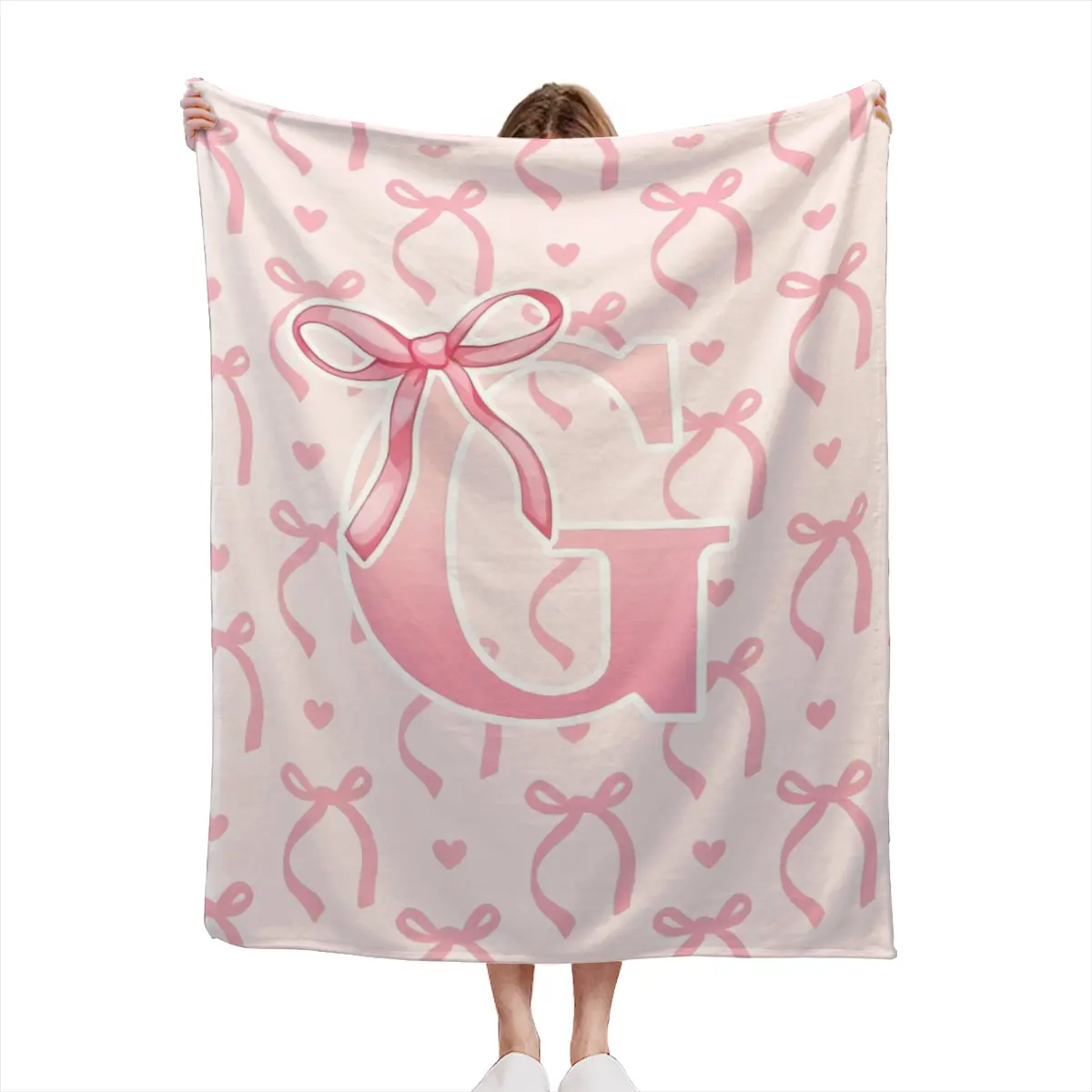 Coquette Pink Bow Initial T Throw Blanket, Monogram Letter T Flannel Blanket, Soft Cute Girly Aesthetic Decor Blanket, Personalized Gift for Women