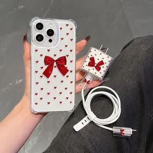 5 Piece Set Transparent Heart Bow Phone Case Accessories, Charger Head Cover, Cable Protector, Storage Rope, Anti-Drop Tpu Case for iPhone 6-17 Pro Max