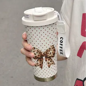 Stylish Polka Dot Leopard Print Coffee Cup, 530ML Insulated Travel Mug with Straw & Lid, Stainless Steel Vacuum Flask for Hot/cold Drinks