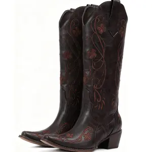 EROCALL Women‘s Cowboy Boots Knee High Cowgirl Boots, Western Boots with Floral Embroidered Pointed Toe Chunky Heel Pull On Retro Vintage Classic Tall Boots for Ladies