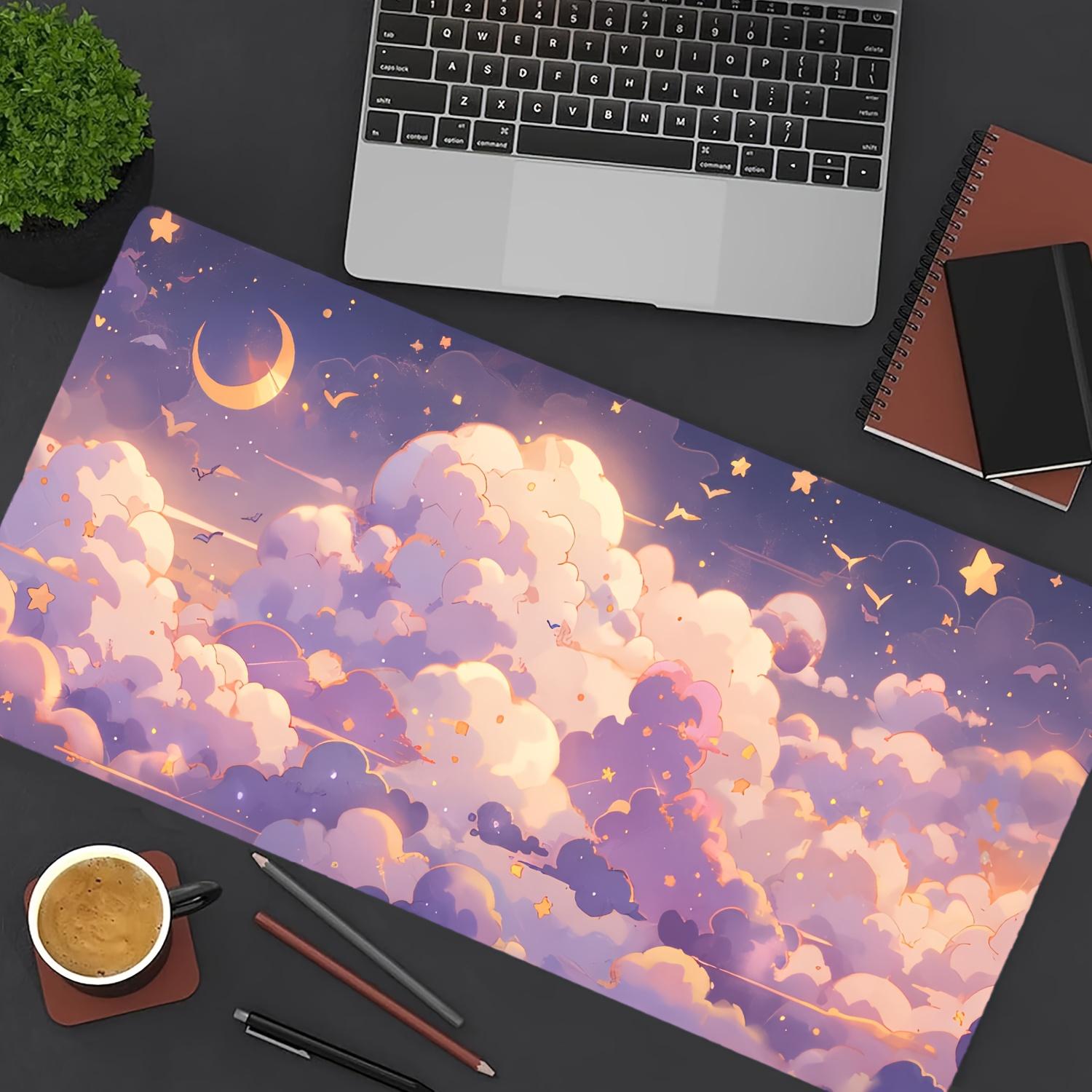 1pc Kawaii Cloud, Stars & Moon Mouse Pad - Desk Mat with Non-Slip Base, Stitched Edges & Smooth Surface Suitable for Home Office, Bedside Computer - Cute Computer Accessory ()