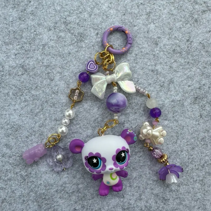 Adorable Purple Bear Keychain with Pearl Beads and Bow - Perfect for Girls' Accessories and Gifts