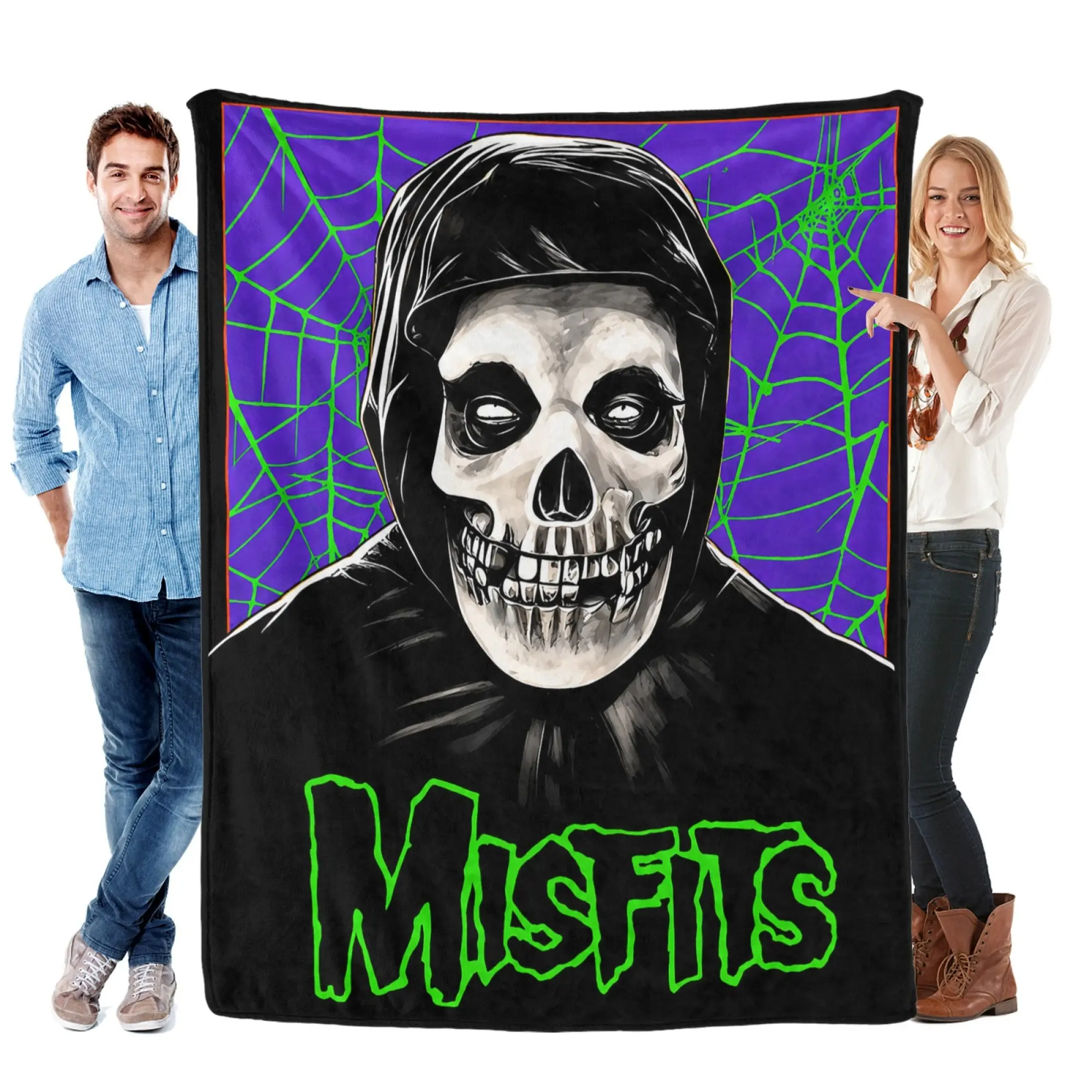 Misfits Horror Punk Band Skull Web Retro Flannel Throw Blanket - Plush Fabric, Multi-Size, Soft Fuzzy, Cozy Warm for Couch Man Cave - Gothic Spooky Band Art Home Decor Gift for Punk Rock Fans