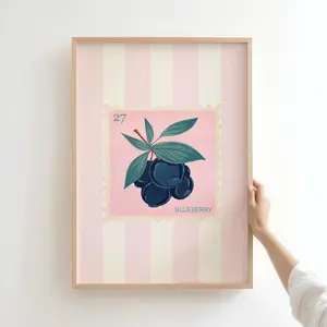 Eclectic Kitchen Poster, Cottagecore Kitchen Wall Art, Vintage Blueberry Stamp Print, Rustic Farmhouse Food Decor, Unframed