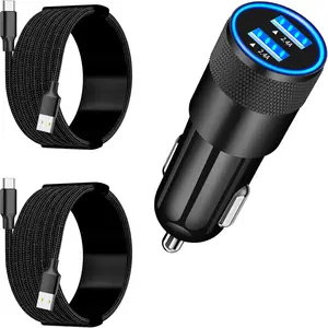[MFi Certified]iPhone 16 Car Charger Fast Charging, BARMASO 4.8A USB Car Power Adapter USB-C Car Charger Cigarette Lighter with 2Pack Type-C Braided Cable for iPhone 16 Pro Max/15 Pro/Galaxy S24/Pixel